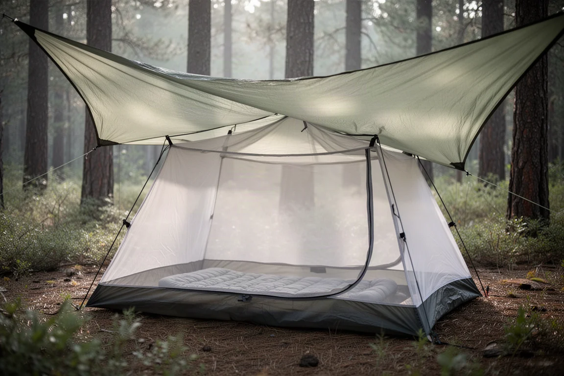 Tenda interna con zanzariera montata sotto un telo in un campeggio nel bosco