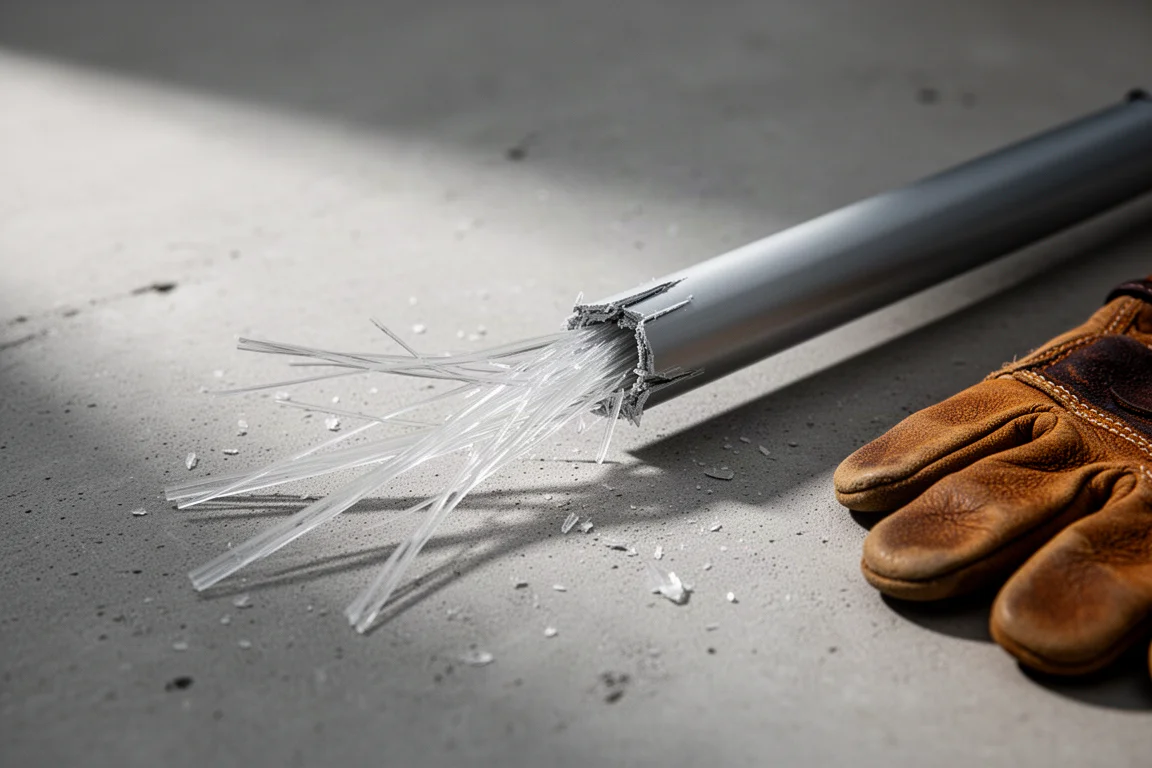 Sezione di paleria in fibra di vetro rotta con filamenti sfilacciati sul cemento