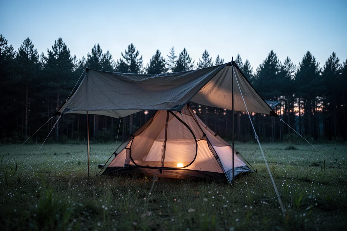 Riparo con telo e tenda interna in mesh luminosa al crepuscolo in una pineta
