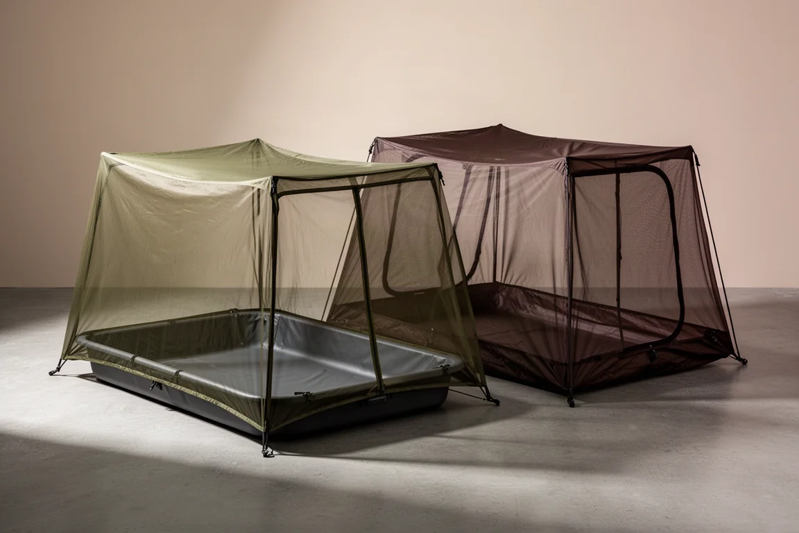 Two low-profile mesh bug net inner tents pitched side by side on a concrete surface
