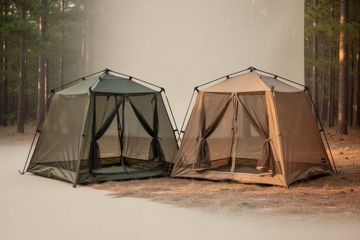 Two low mesh bug net shelters pitched side by side on grass at a forest edge