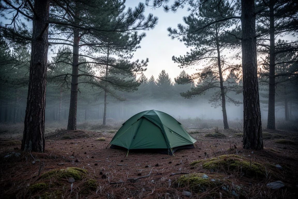 Tenda oliva dal profilo basso montata in una radura riparata nel bosco al crepuscolo