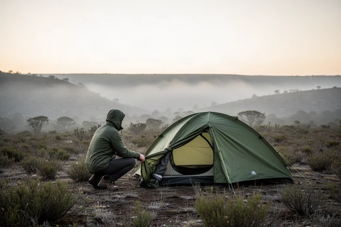 Attrezzatura da campeggio e una tenda piegata accanto a una sacca oversize all'alba