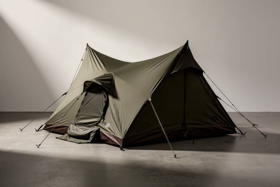 Low-profile olive green one-person tent pitched on a concrete surface in studio light