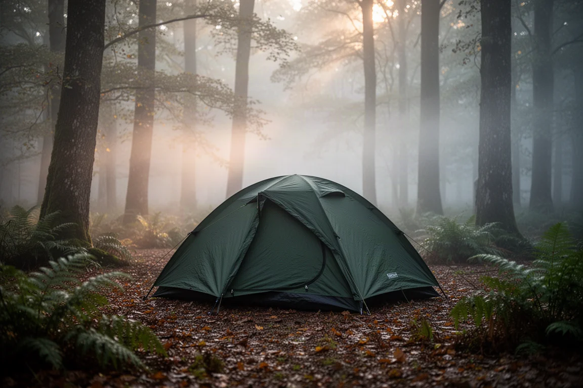 Tela del sobre de la tienda tensada y abrochada en las esquinas sobre terreno despejado