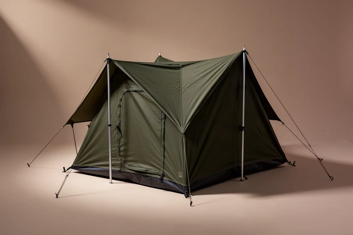 Low-profile dark olive one-person military-style tent pitched on a neutral studio backdrop