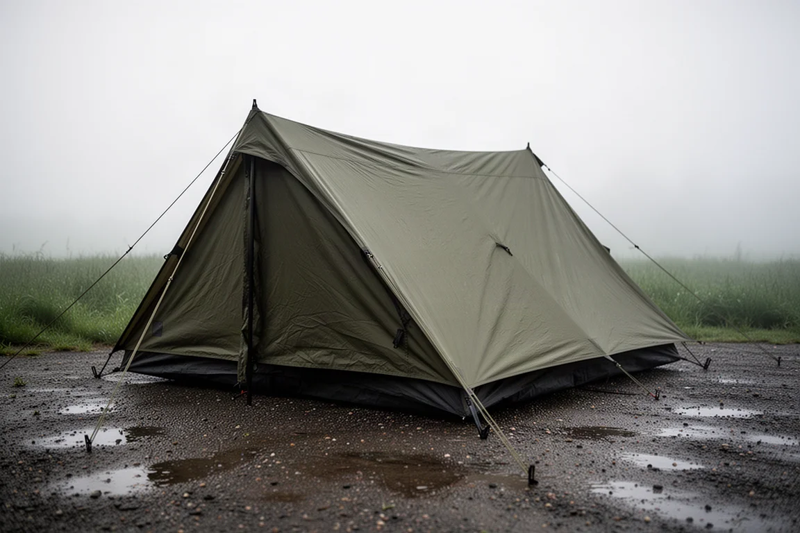Low-profile olive single-person tent pitched on a damp campsite in overcast light