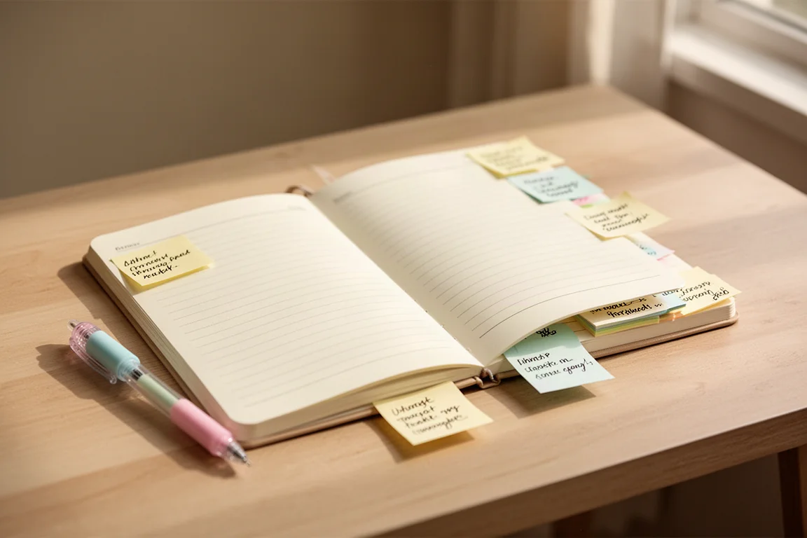 Caderno aberto com post-its em tons pastel e uma caneta gel sobre a mesa