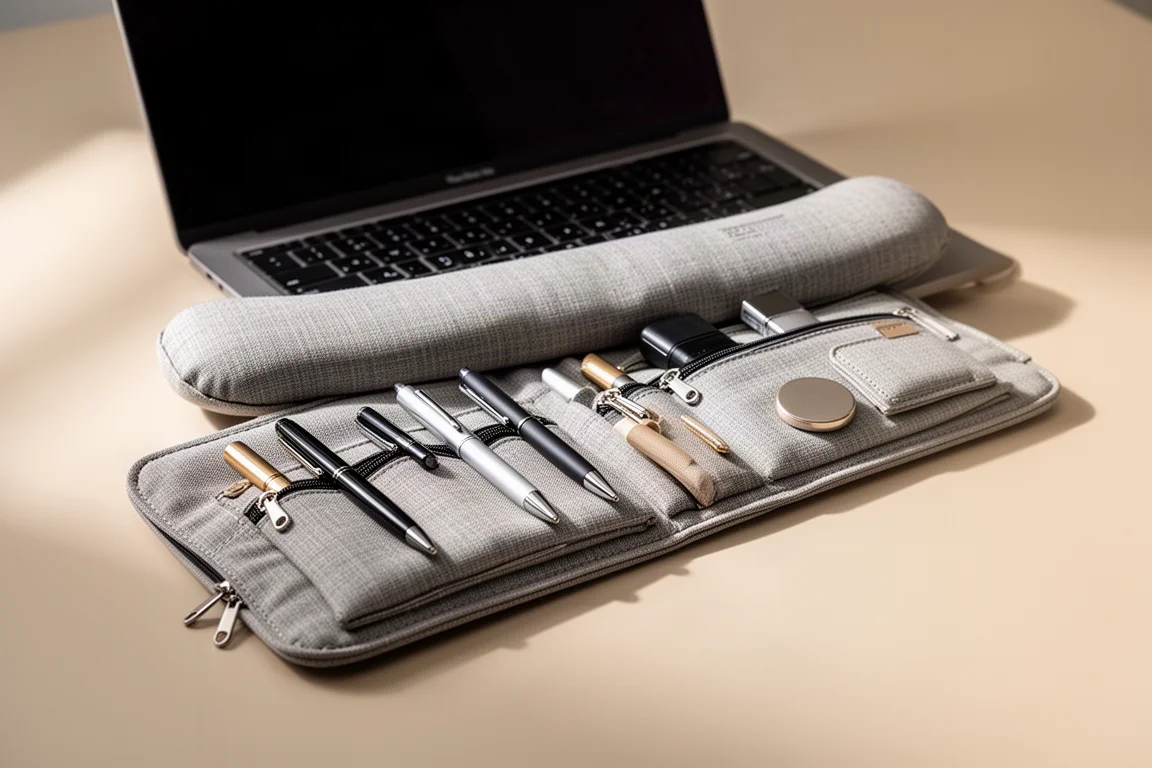 Porta-canetas dobrado à frente do teclado de um notebook, funcionando como apoio de punho