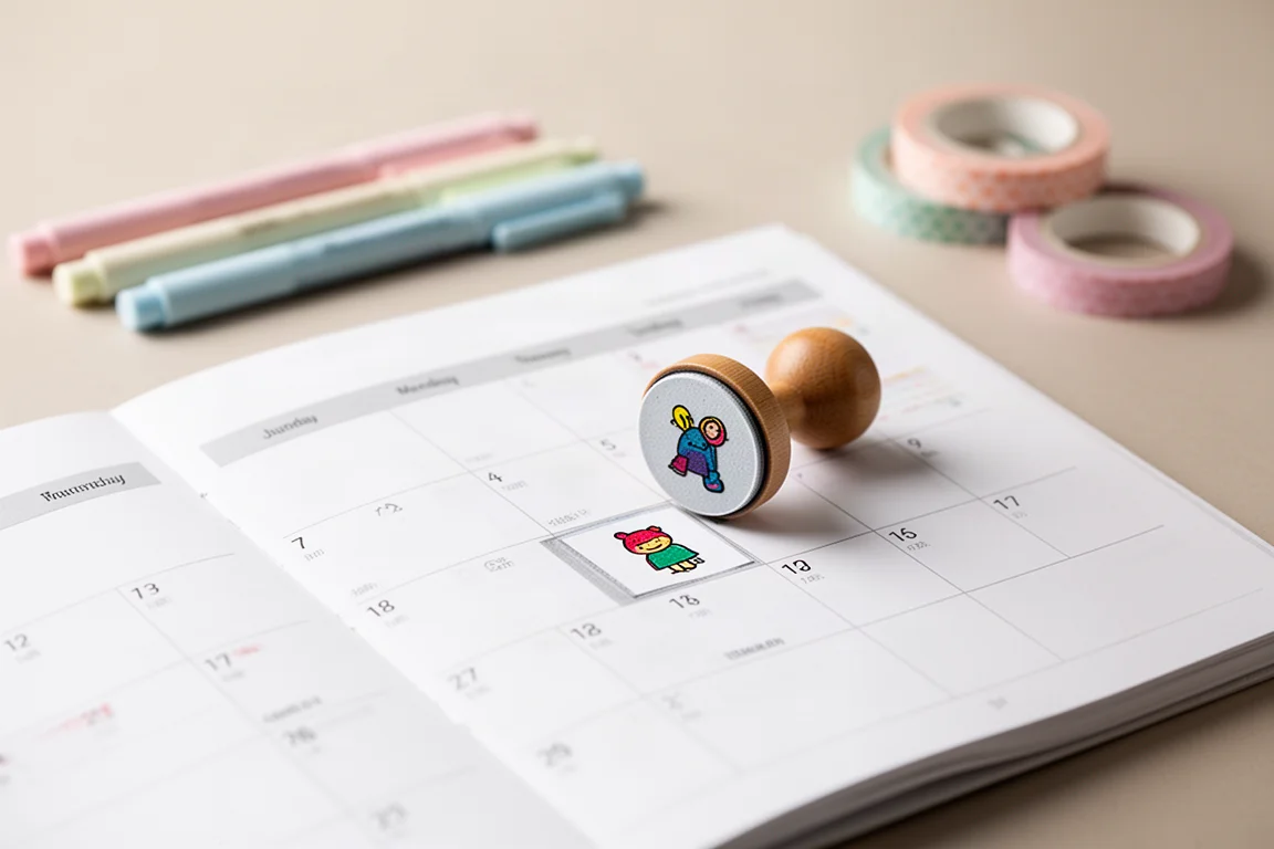 Página de agenda sendo carimbada com pequenos ícones coloridos