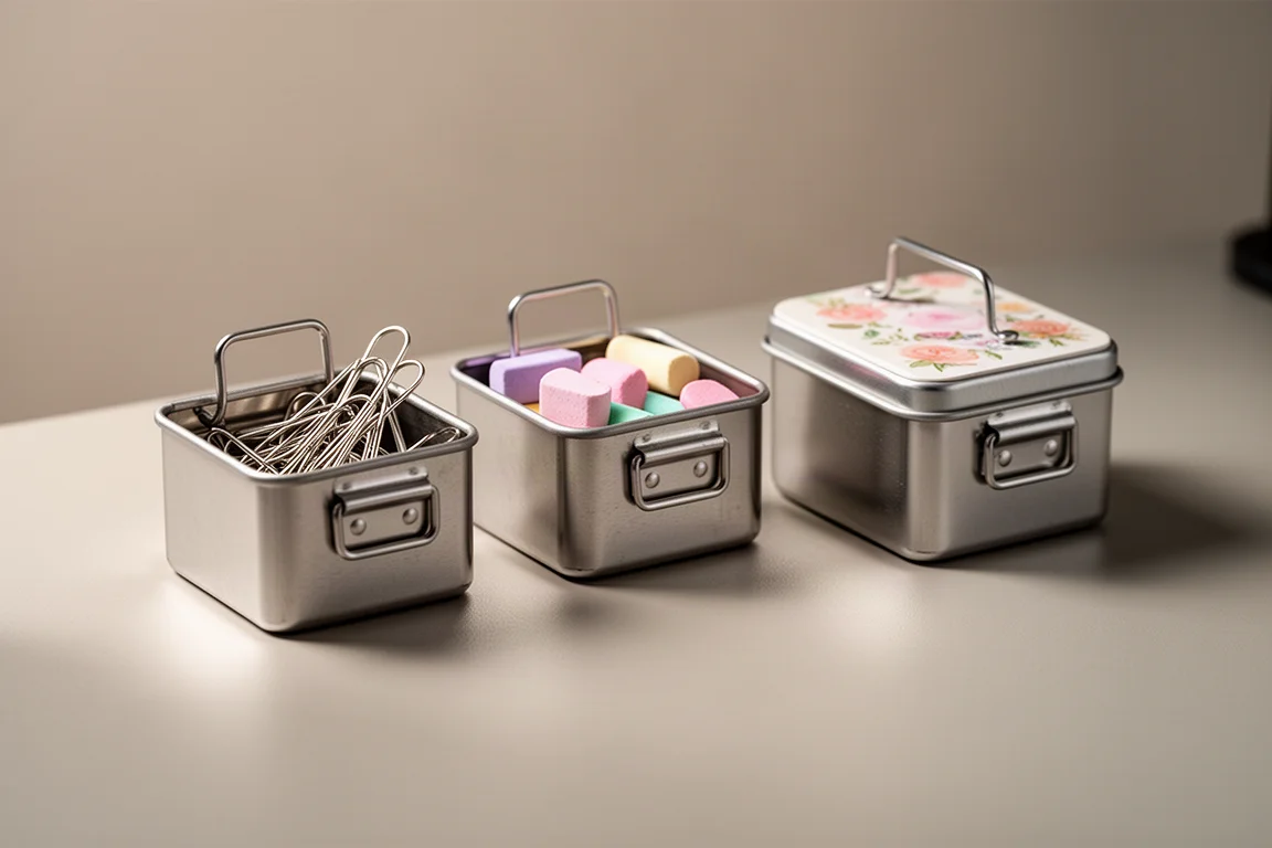 Pequenos potes de metal decorados organizados como organizadores de mesa