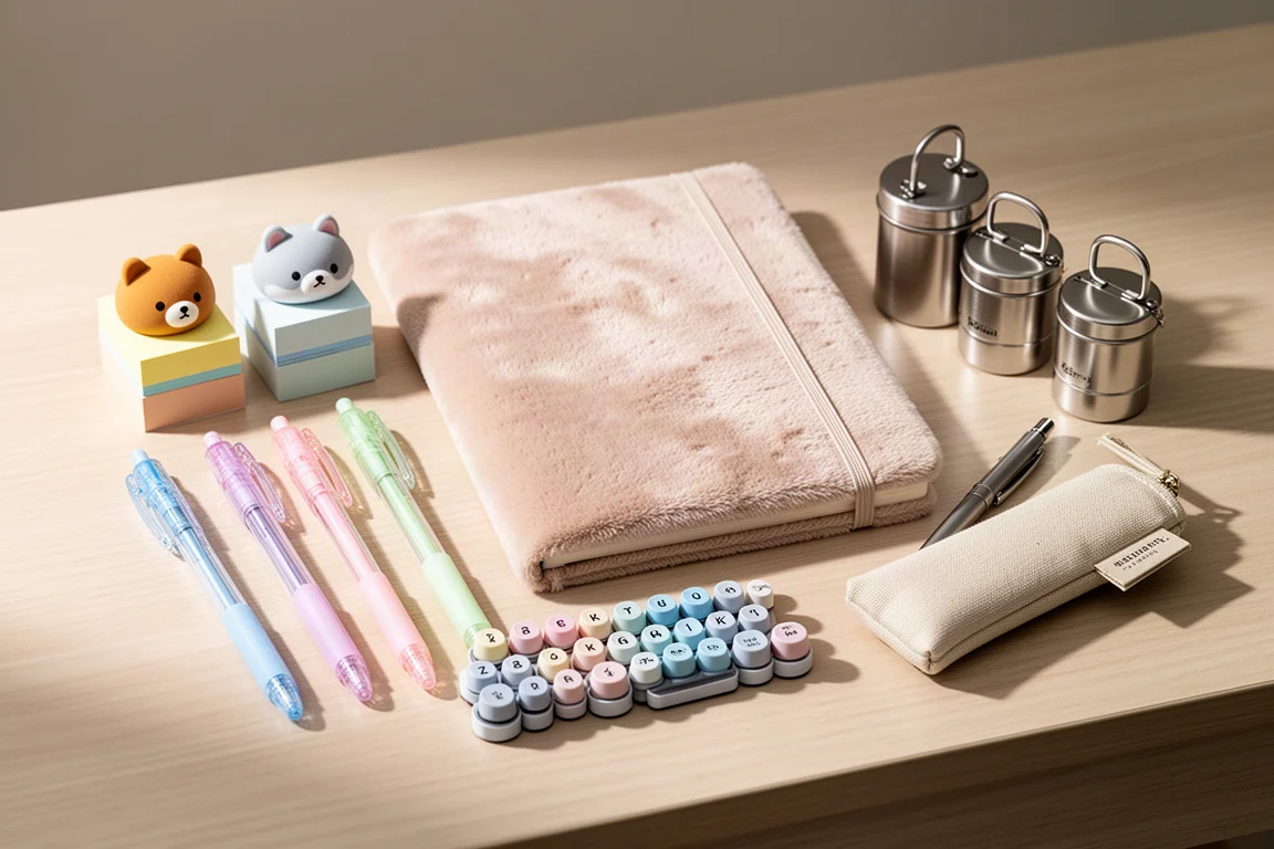 Flat-lay of pastel kawaii stationery including sticky notes, pens, stamps, and small containers on a desk