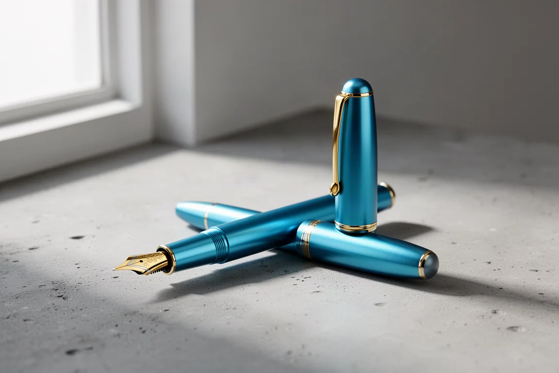 Aquamarine aluminum pocket fountain pen with gold-plated nib on concrete surface