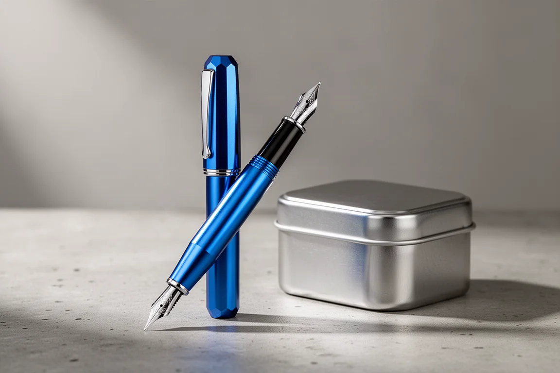 Compact blue aluminum fountain pen standing on concrete next to a small metal tin