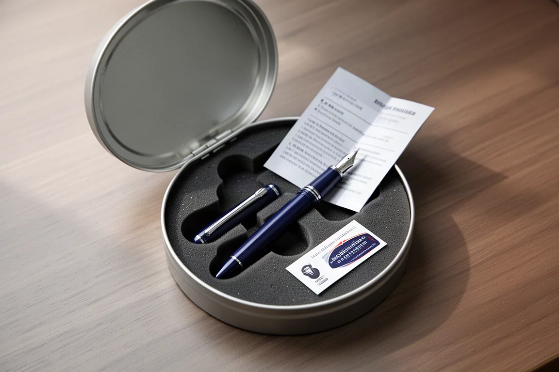Round reusable tin pen case opened on a desk with a fountain pen nestled inside