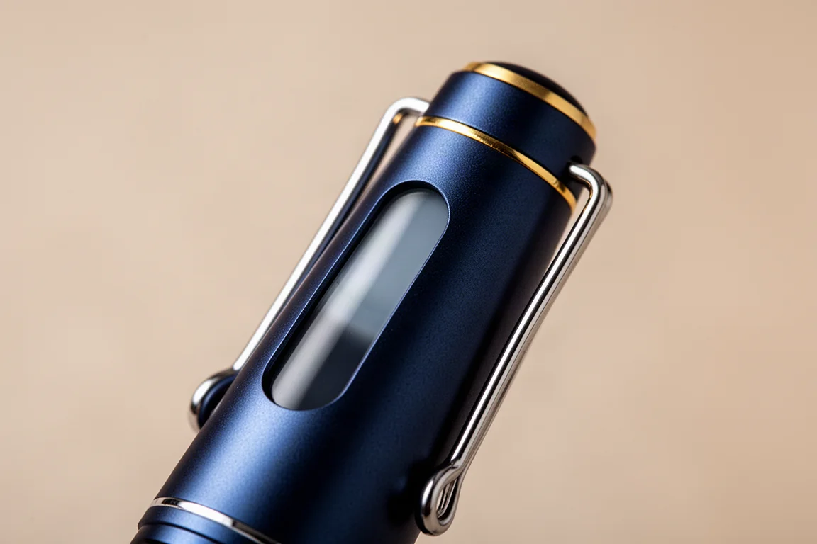 Close-up of a fountain pen cap showing ink window and springy clip detail