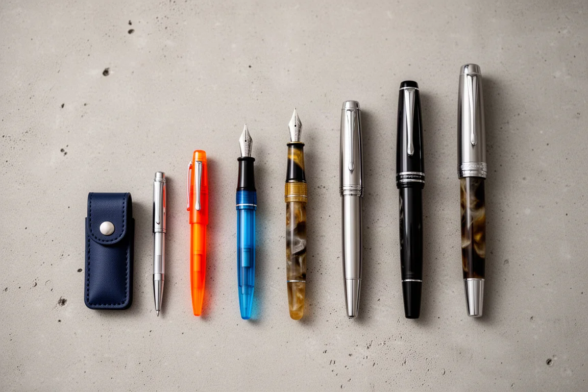 Several fountain pens of different sizes lined up in a row on a flat surface