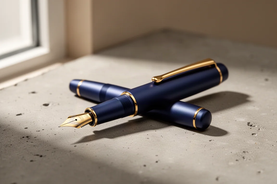 Mattschwarzes-navyblaues Aluminium-Taschenfüllhalter mit Goldfeder auf einer Betonoberfläche
