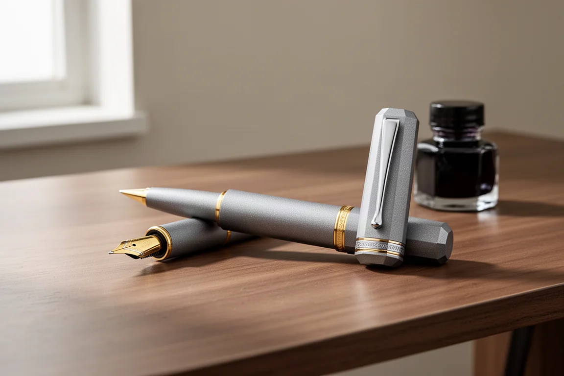 Compact matte aluminum fountain pen with gold accents on a wooden desk