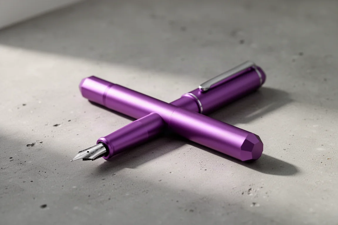 Leuchtend violetter Aluminium-Taschenfüller liegend auf matter Betonoberfläche