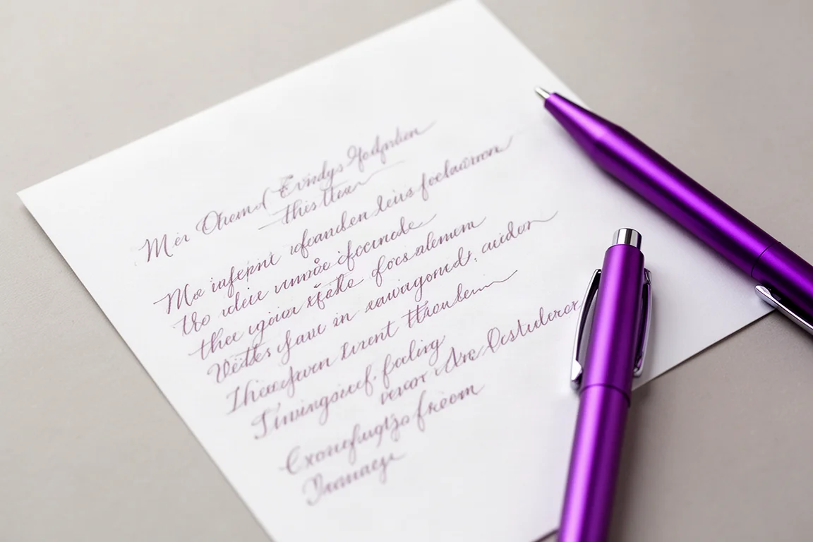 Handgeschriebene Schreibprobe mit violetter Tinte auf weißem Papier