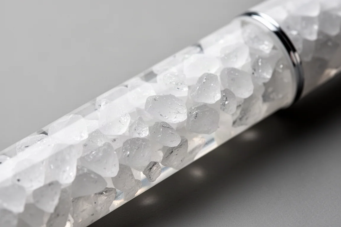 Close-up of white crushed-ice resin texture on a fountain pen barrel