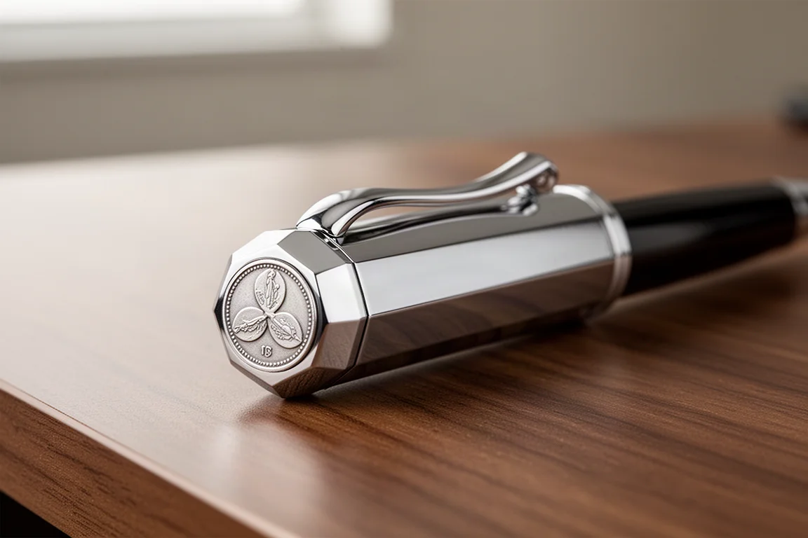 Eight-faceted pen cap with engraved branding catching soft light