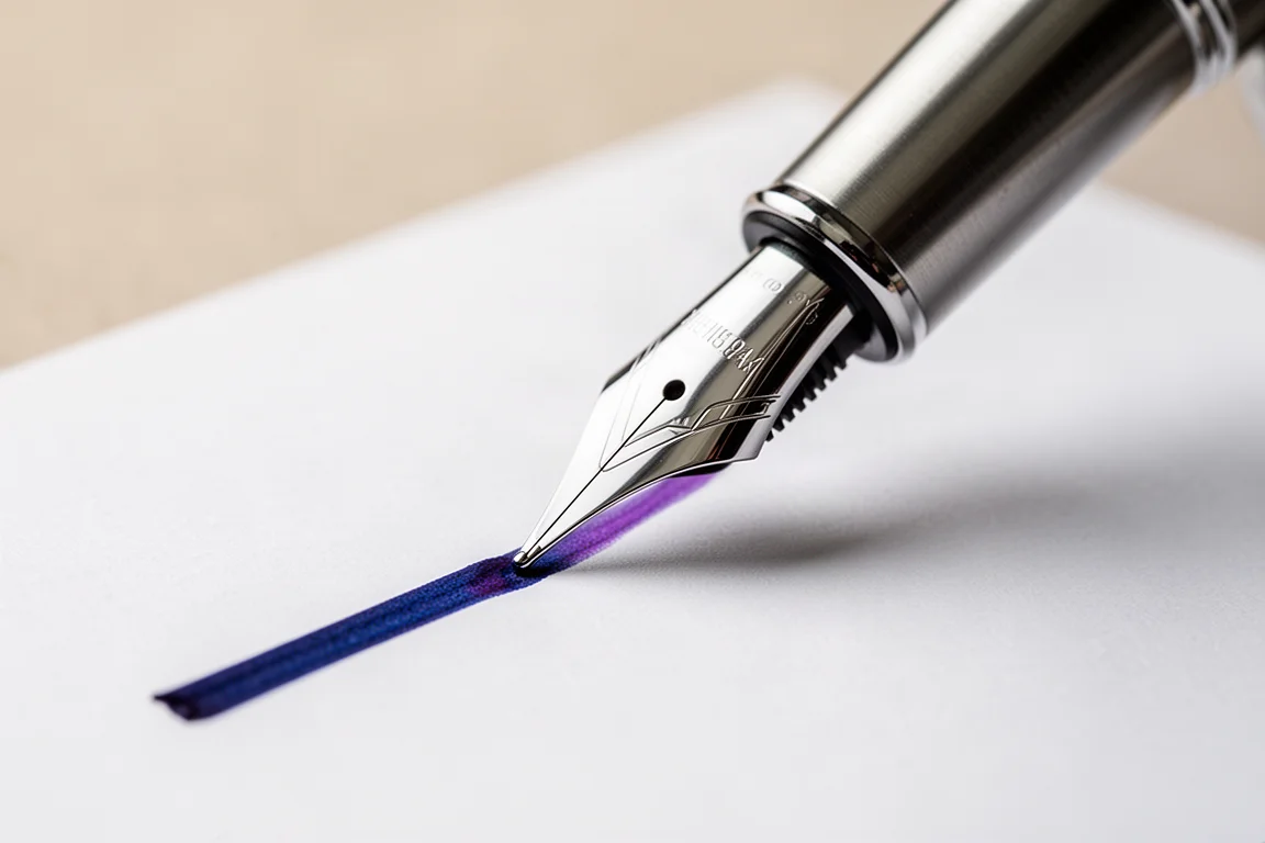 Broad nib fountain pen laying down generous blue ink lines on paper