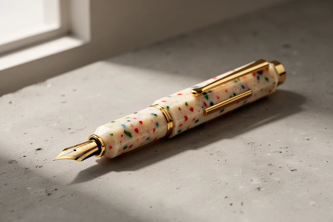 Kaweco Art Sport Terrazzo Füllhalter mit cremefarbenem Terrazzo-Korpus und goldener Klammer auf Betonoberfläche