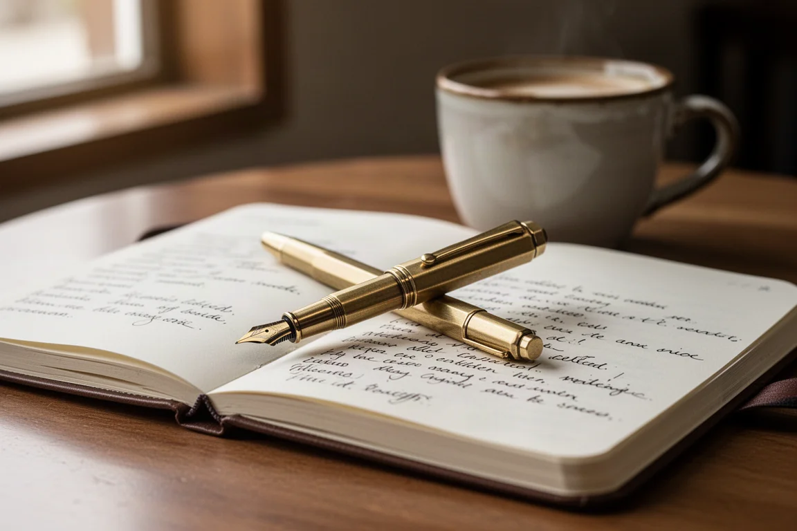 Compact brass fountain pen resting on an open travel journal beside a coffee cup