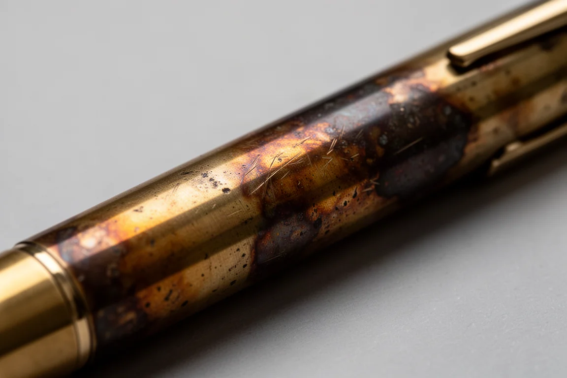Close-up of a tarnished brass pen body showing varied patina tones
