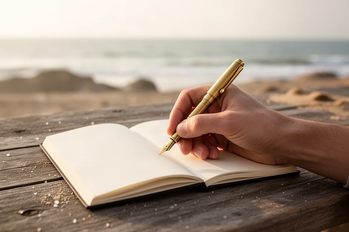 Hand writing with a stub nib fountain pen in a journal by the sea