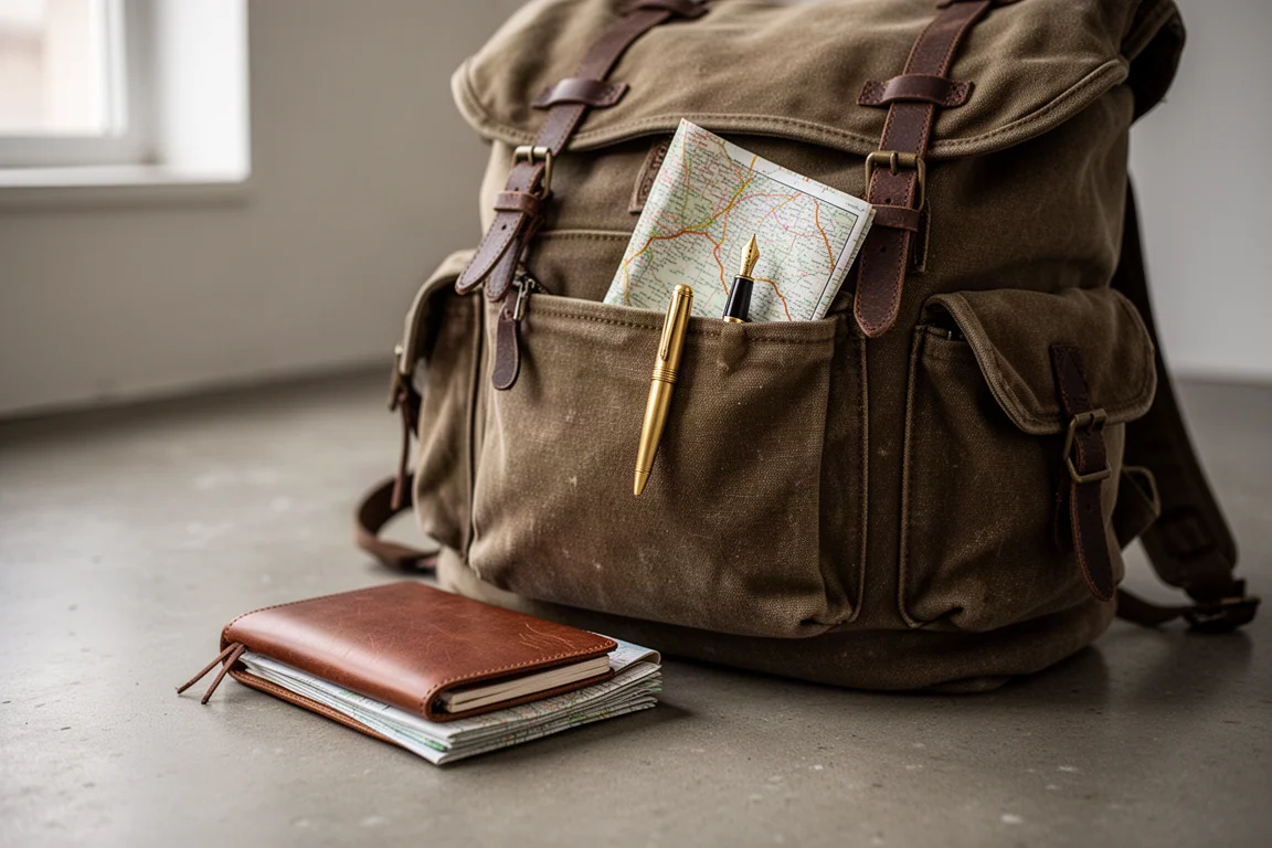 Small brass fountain pen tucked into a backpack pocket alongside travel gear