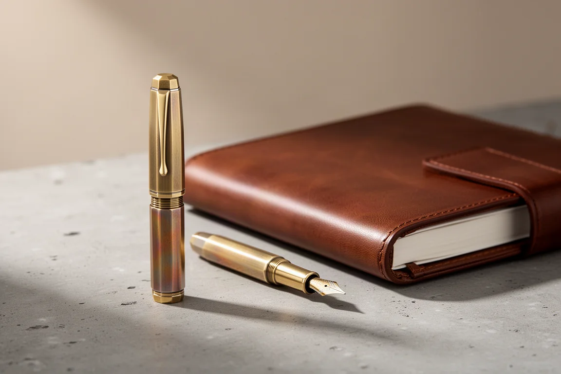 Kaweco Brass Sport fountain pen posted on a concrete surface beside a leather journal
