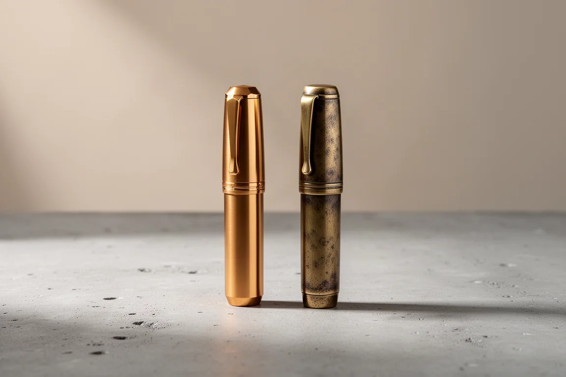Kaweco Bronze Sport und Brass Sport Füller nebeneinander auf Beton