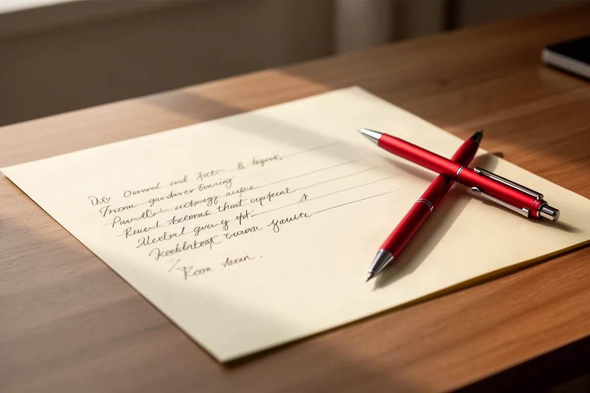Esempio di scrittura a mano su carta accanto a un matita meccanico rosso