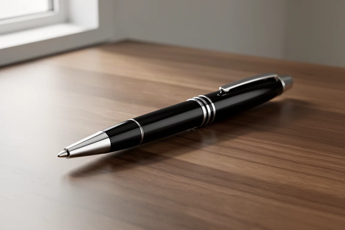 Black Kaweco Dia 2 ballpoint pen with silver trim on a wooden desk