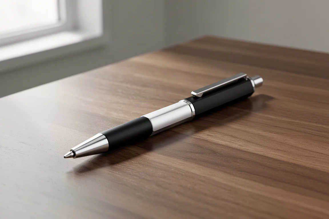 Black and silver two-tone aluminium ballpoint pen on a wooden desk