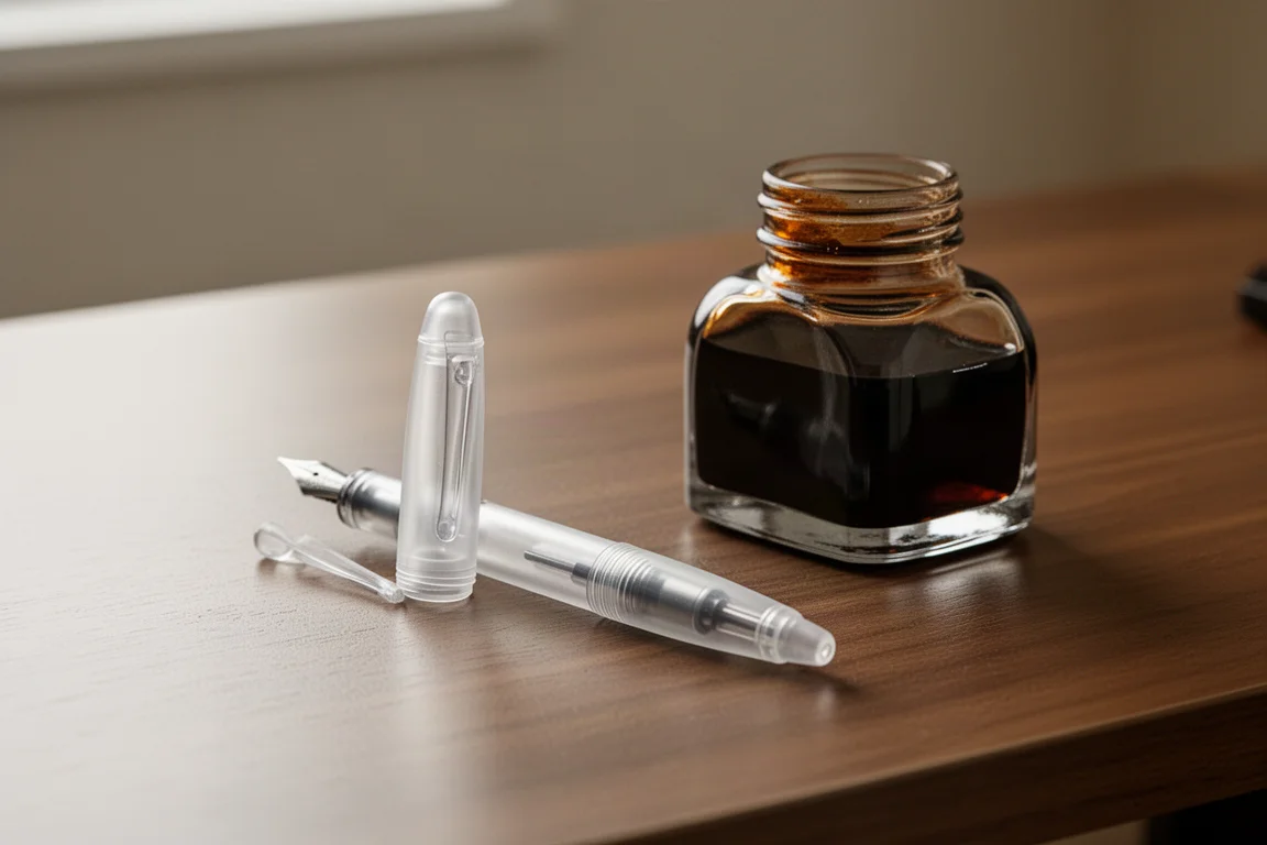 Small pocket fountain pen uncapped on a desk beside a bottle of brown ink