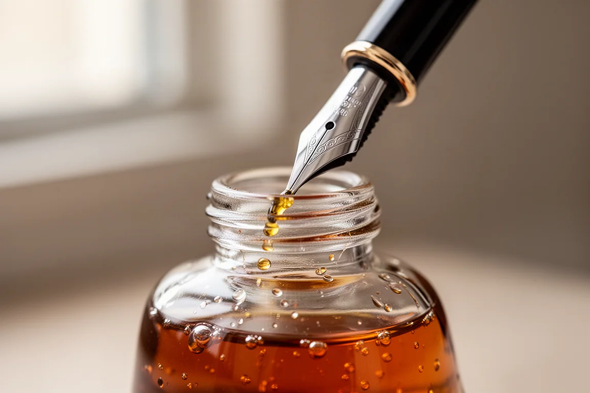 Fountain pen nib dipping into a glass ink bottle to fill a converter