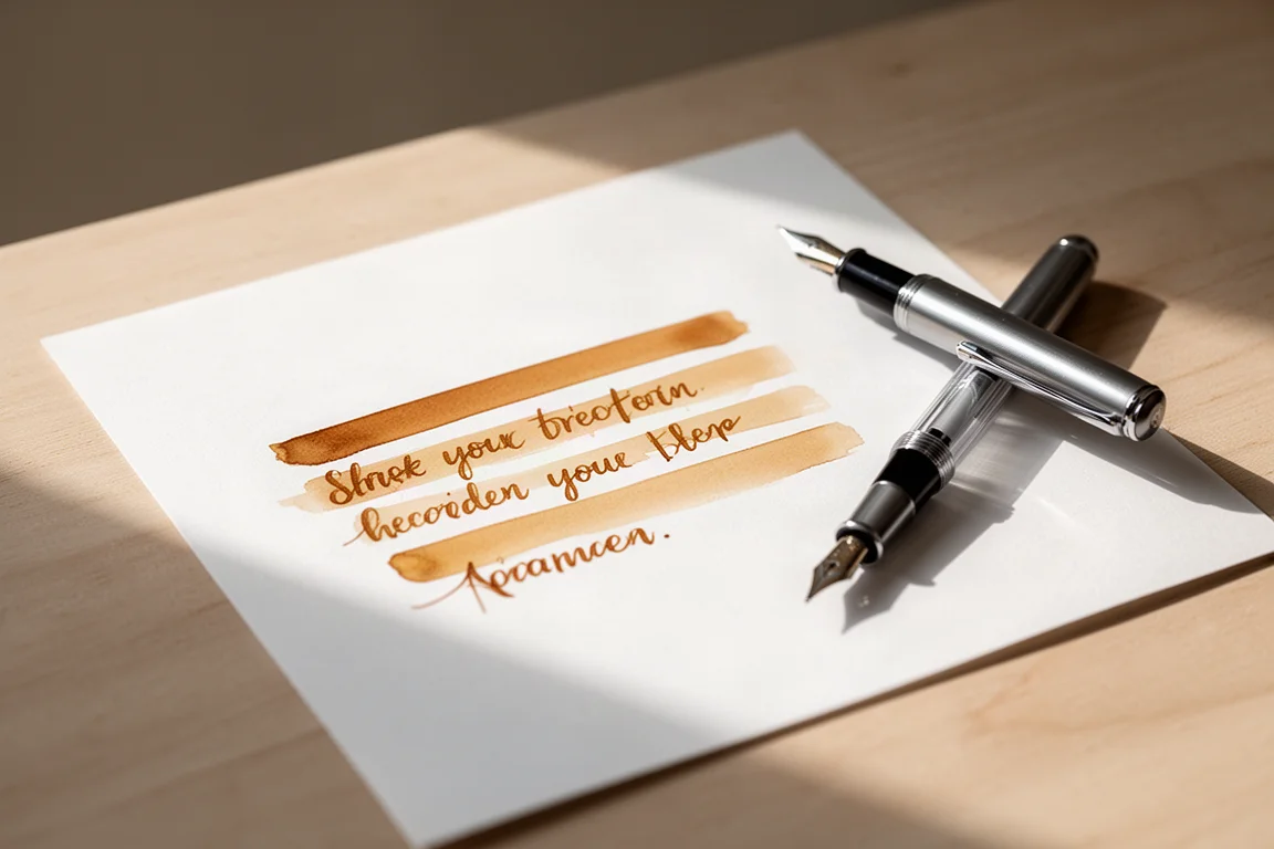 Handwritten lines of ink on plain paper with a warm amber shade
