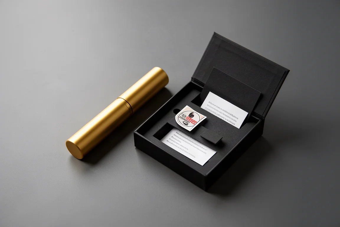 Estojo de caneta dourado pequeno e caixa compacta de caneta sobre mesa minimalista