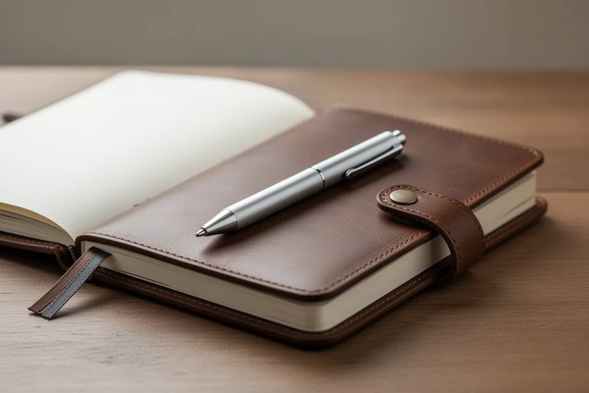Caneta compacta apoiada sobre um planner pessoal aberto