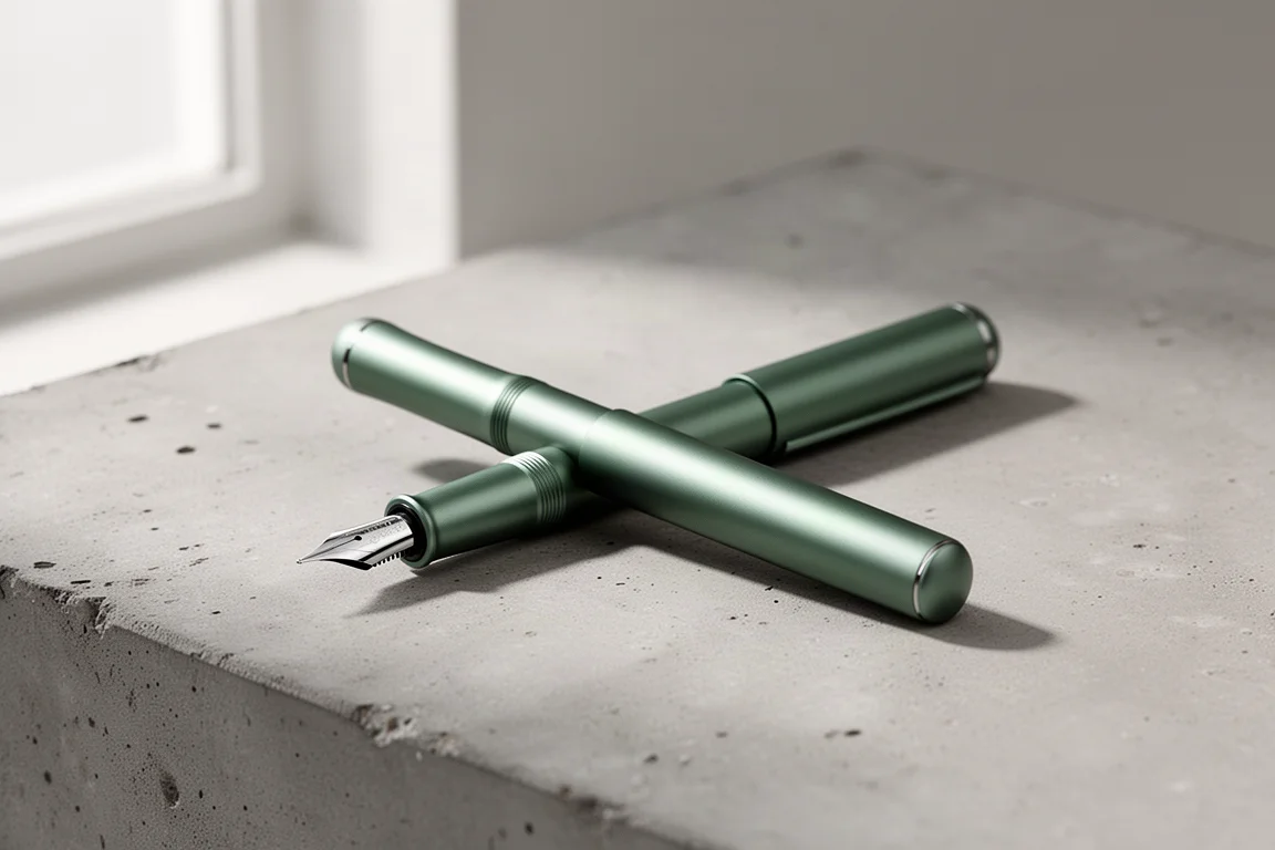 Small muted green aluminum pocket fountain pen on a concrete surface