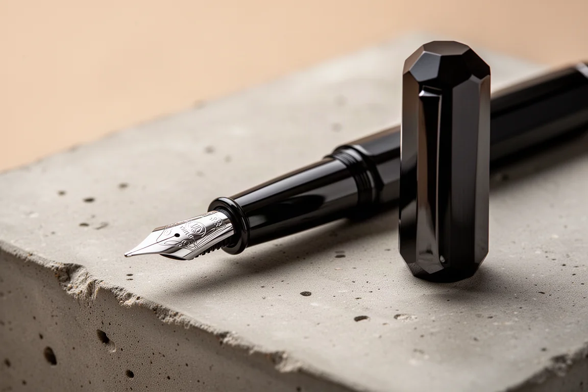 Penna stilografica ottagonale nera senza tappo su una scrivania che mostra il pennino in acciaio