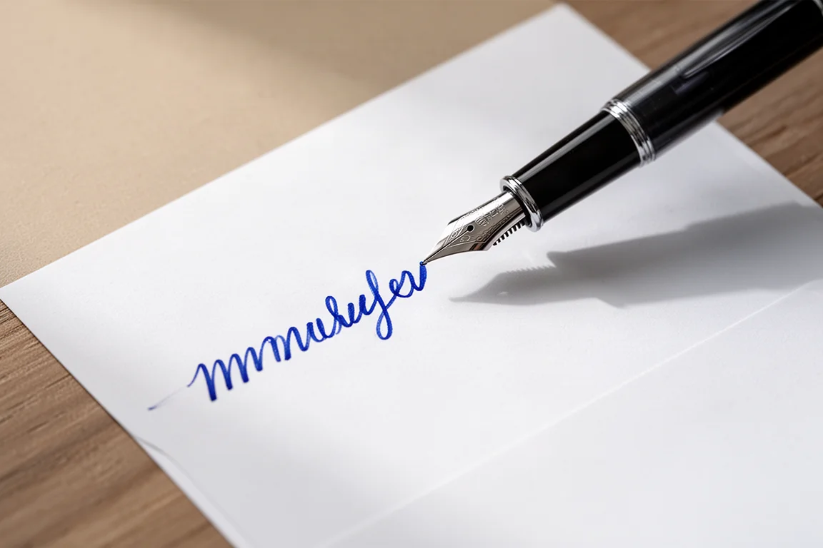 Penna stilografica che scrive linee fluide di inchiostro blu su carta bianca