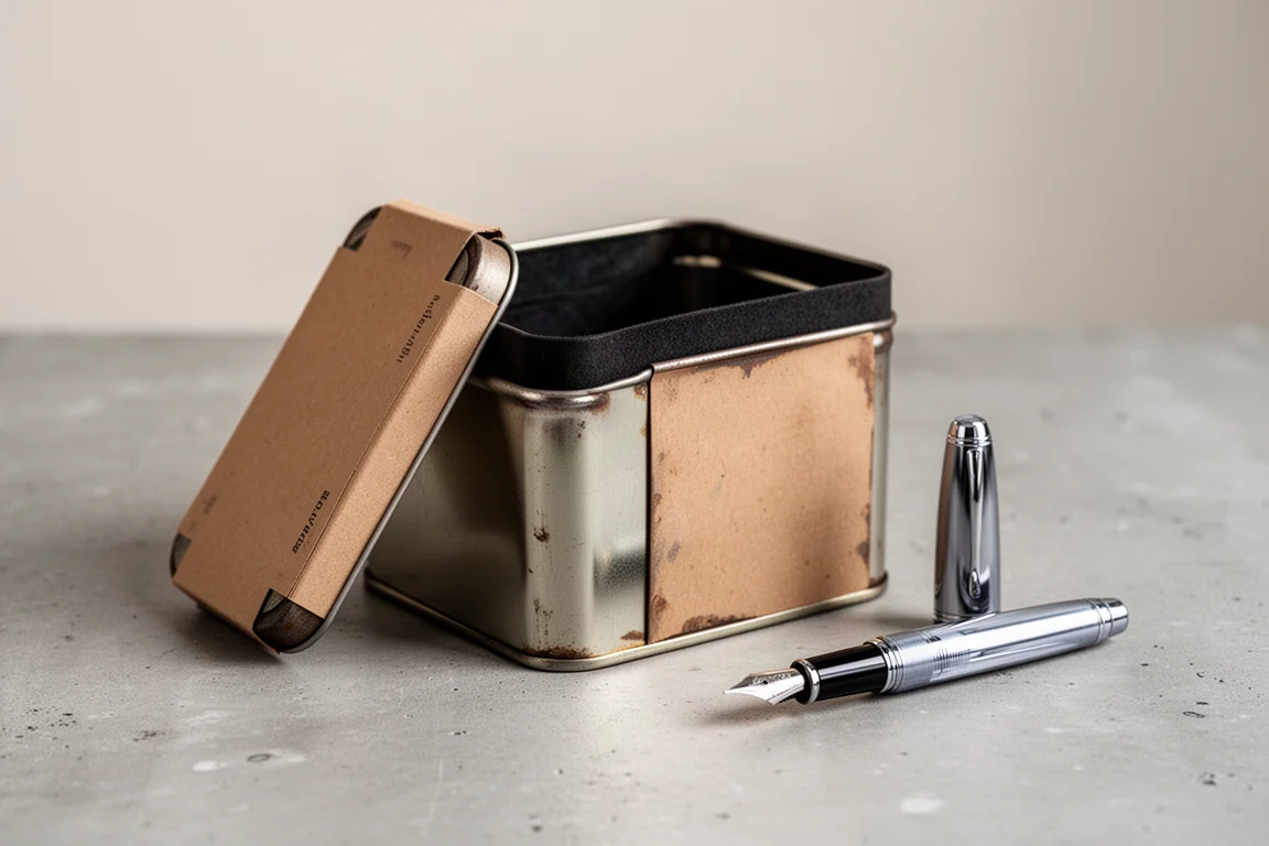 Scatola di latta in stile vintage con custodia di cartone contenente una penna stilografica