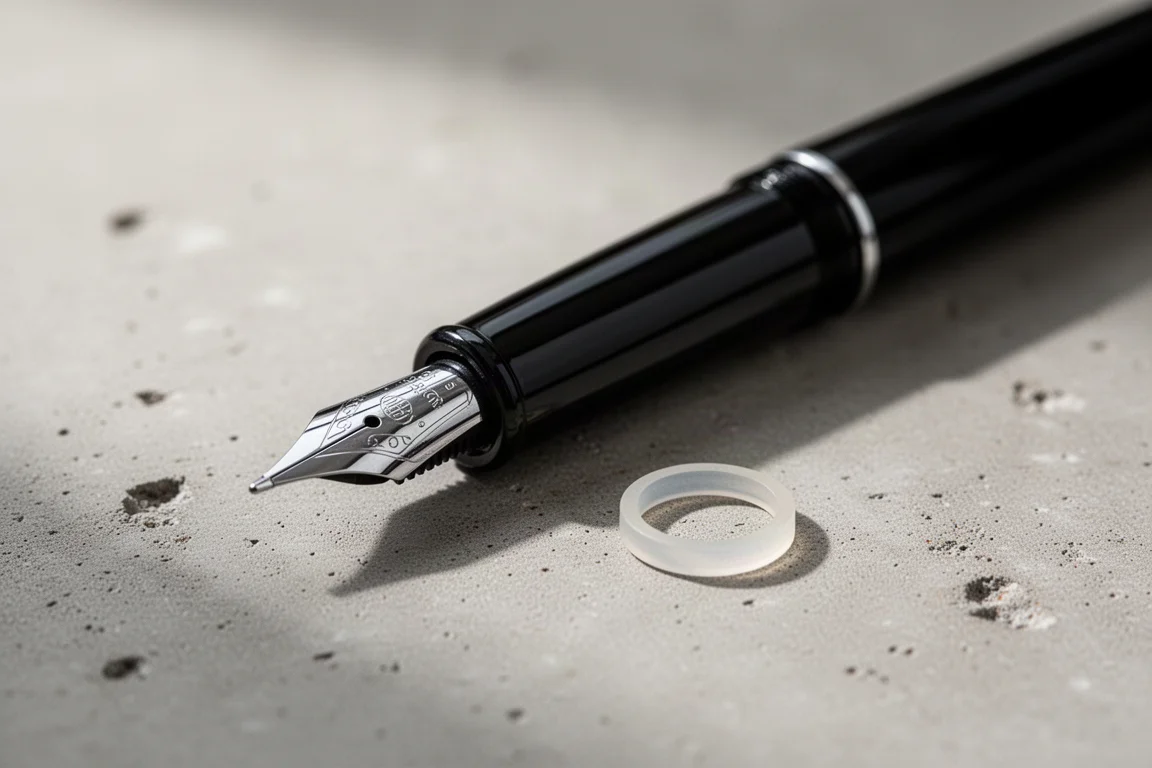 Tappo di una penna stilografica appoggiato su una scrivania con una piccola guarnizione O-ring in gomma accanto