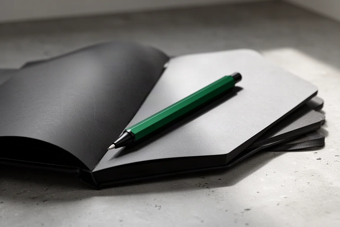 Deep green octagonal aluminum mechanical pencil resting on a dark notebook