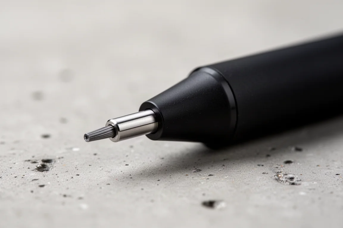 Close-up of a mechanical pencil knock cap and lead sleeve on a concrete surface